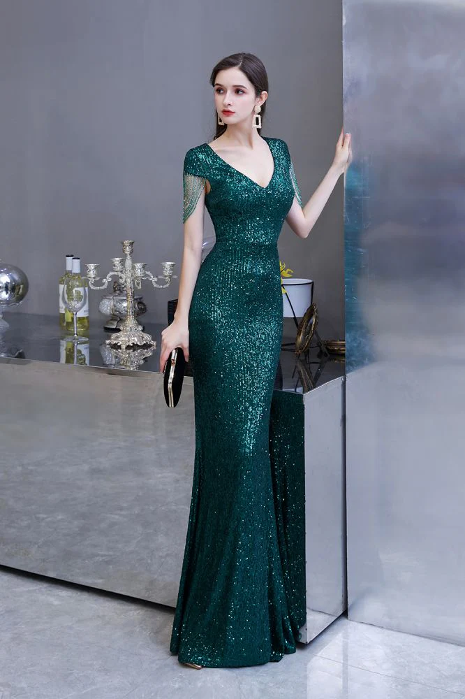 Shining Sequined Emerald Green Mermaid Cap sleeve Long Prom Party Gowns - Image 4