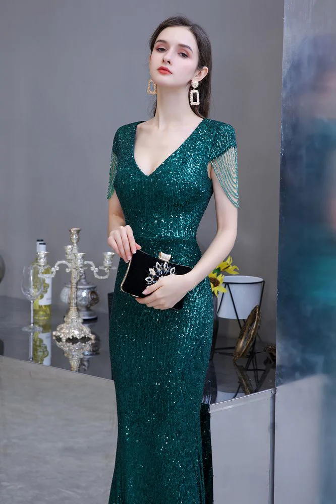 Shining Sequined Emerald Green Mermaid Cap sleeve Long Prom Party Gowns - Image 5