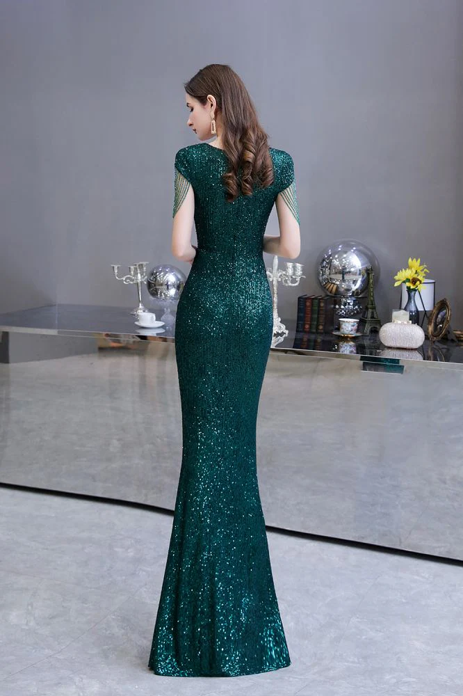 Shining Sequined Emerald Green Mermaid Cap sleeve Long Prom Party Gowns - Image 6
