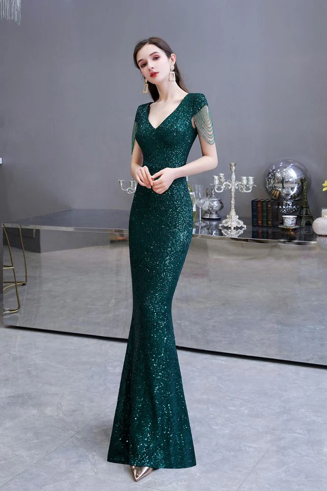 Shining Sequined Emerald Green Mermaid Cap sleeve Long Prom Party Gowns - Image 8