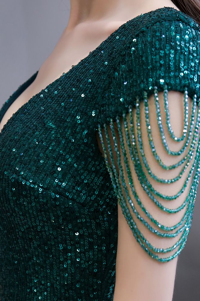 Shining Sequined Emerald Green Mermaid Cap sleeve Long Prom Party Gowns - Image 9
