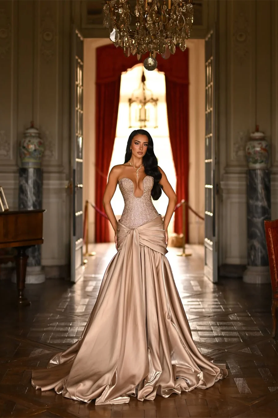 Shining Strapless Sleeveless A-Line Satin Prom Dresses Long Beads With Pleats - Image 2