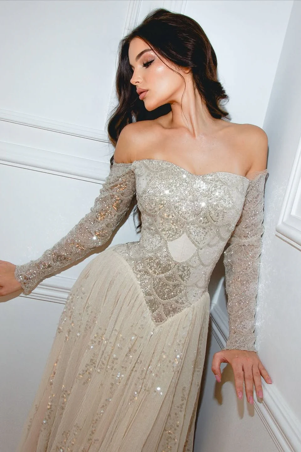 Shining Sweetheart Long Sleeves Tulle Prom Dress A-Line Sequins Beads With Pleats - Image 2