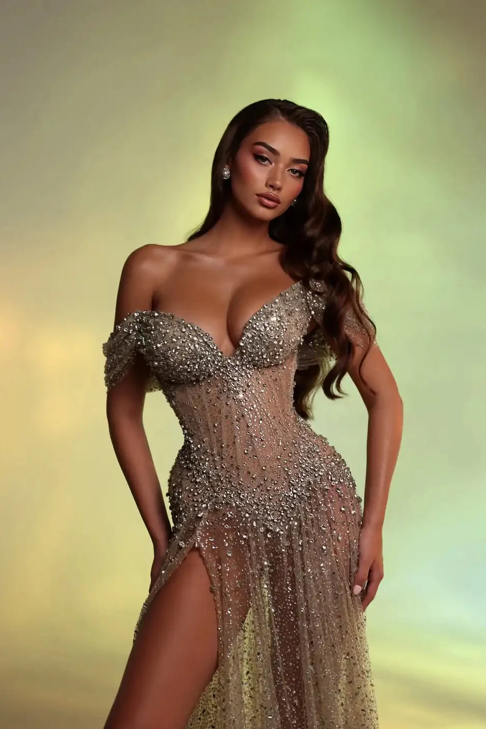 Shining Sweetheart Off-The-Shoulder V-Neck A-Line Prom Dress High Split Gem On Sale - Image 3