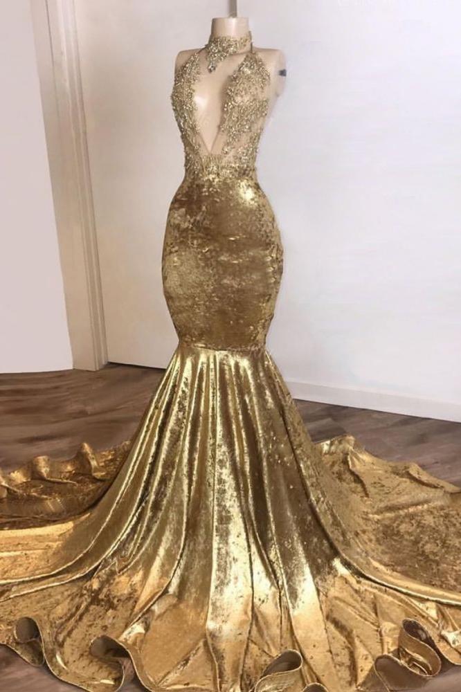 Shinning Champagne Gold Deep V-neck Court Train Mermaid Prom Dresses - Image 2