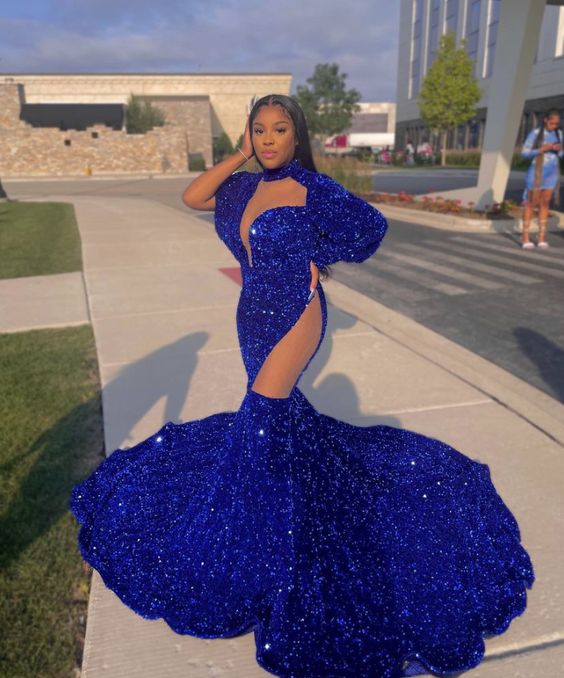 Beautiful Royal Blue High-neck Long Sleeve Lace Long Mermaid Prom Dress - Image 2