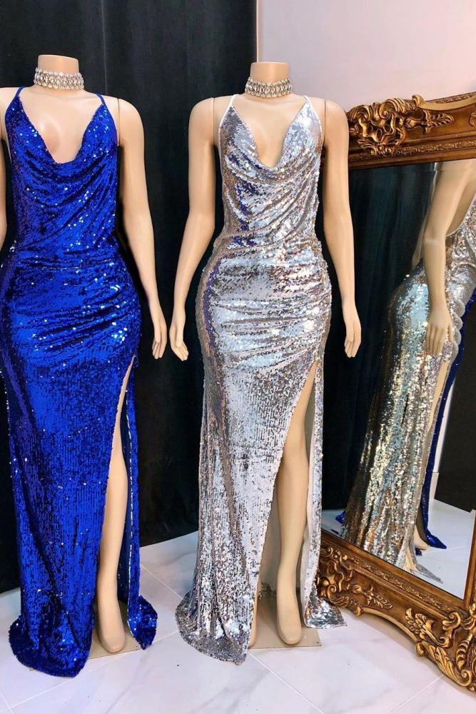 Shinning Sequins V-neck Sleeveless Front Slit Mermaid Prom Dresses - Image 2