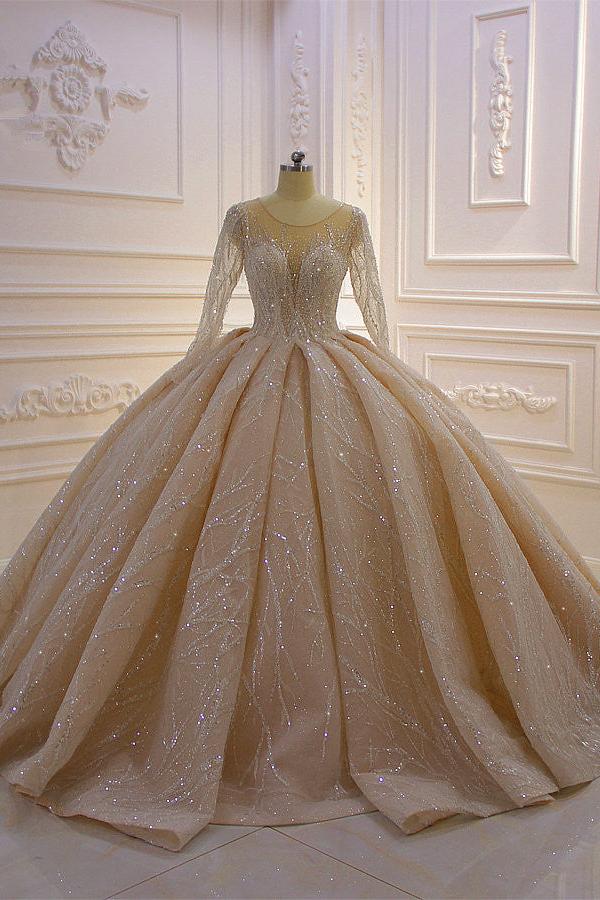 Shiny Ball Gown Tulle Jewel Long Sleevess Ruffless Wedding Dress - Image 10