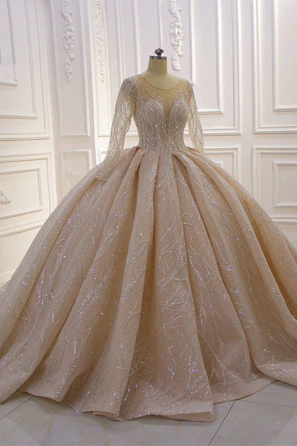 Shiny Ball Gown Tulle Jewel Long Sleevess Ruffless Wedding Dress - Image 2