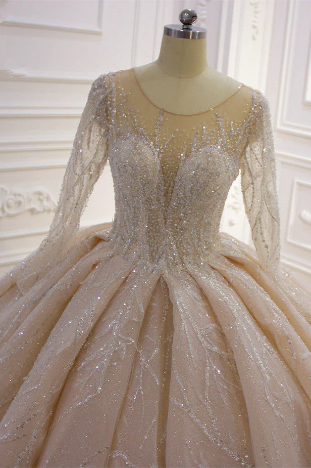 Shiny Ball Gown Tulle Jewel Long Sleevess Ruffless Wedding Dress - Image 3