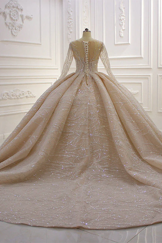 Shiny Ball Gown Tulle Jewel Long Sleevess Ruffless Wedding Dress - Image 4