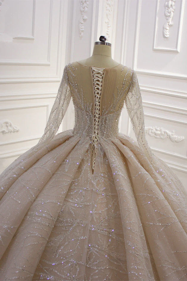 Shiny Ball Gown Tulle Jewel Long Sleevess Ruffless Wedding Dress - Image 5