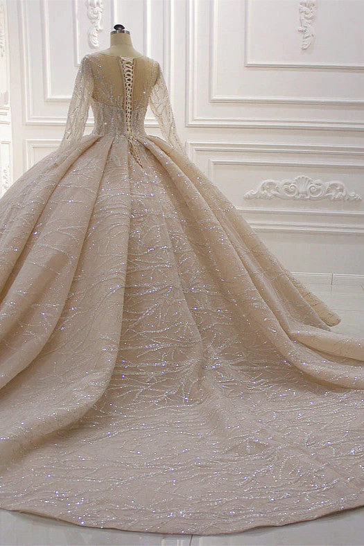 Shiny Ball Gown Tulle Jewel Long Sleevess Ruffless Wedding Dress - Image 6