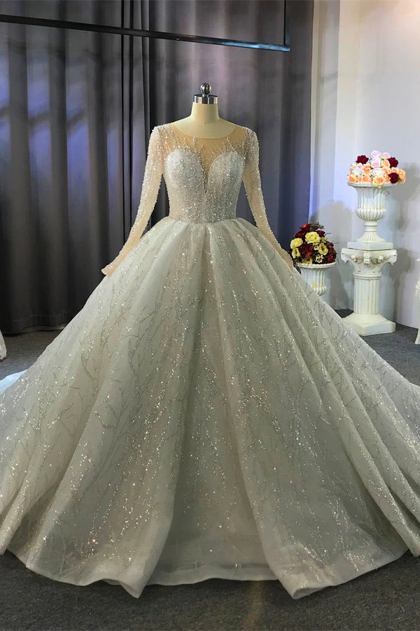 Shiny Ball Gown Tulle Jewel Long Sleevess Ruffless Wedding Dress - Image 8