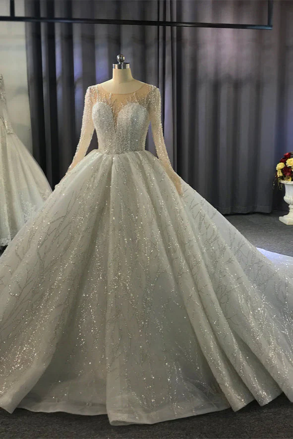 Shiny Ball Gown Tulle Jewel Long Sleevess Ruffless Wedding Dress - Image 9