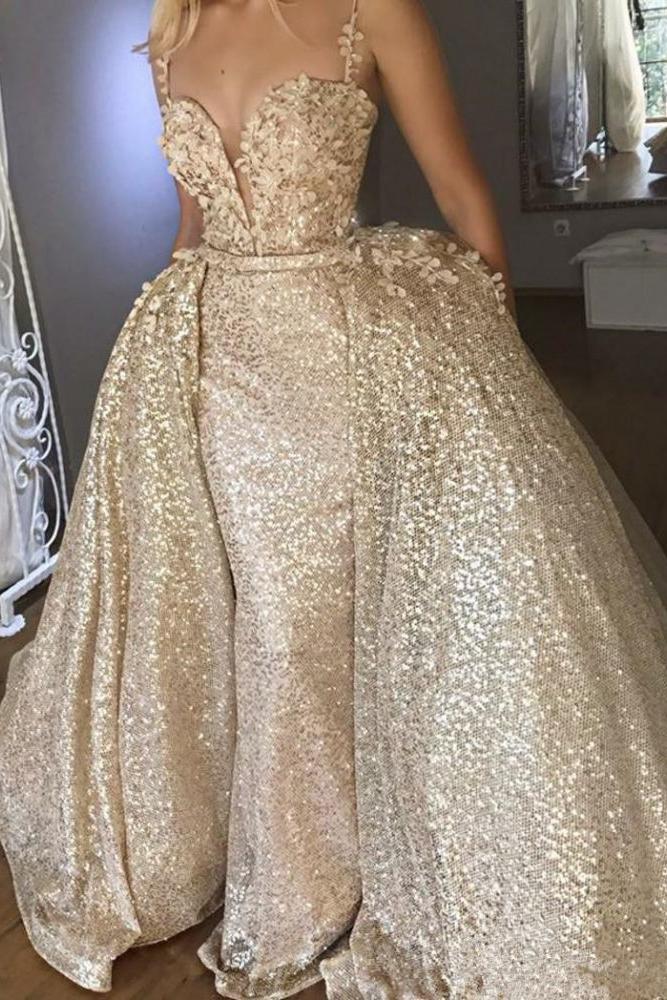 Shiny Champagne Sequins V-neck Spaghetti Straps Appliques Prom Dresses With Detachable Skirt - Image 2