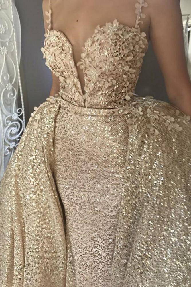 Shiny Champagne Sequins V-neck Spaghetti Straps Appliques Prom Dresses With Detachable Skirt - Image 3