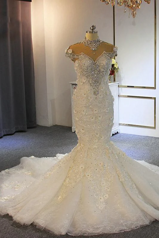 Shiny Crystal High Neck Floral Wedding Dresses Sheer Tulle Sleeveless Mermaid Bridal Gowns - Image 2