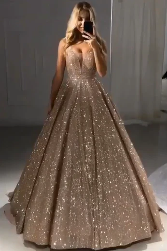 Shiny Gold Ball Gown Evening Dresses Chic V-Neck Sequin Prom Dresses - Image 3