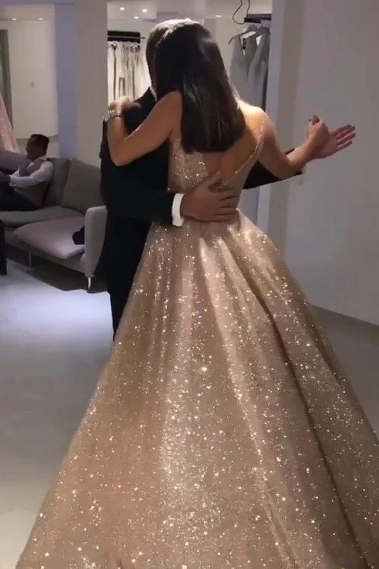 Shiny Gold Ball Gown Evening Dresses Chic V-Neck Sequin Prom Dresses - Image 4