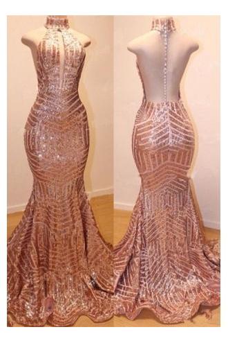 Shiny High Neck Sleeveless Sequins Mermaid Prom Dresses - Image 2