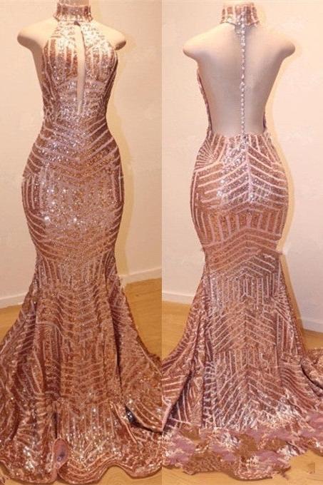 Shiny High Neck Sleeveless Sequins Mermaid Prom Dresses - Image 3