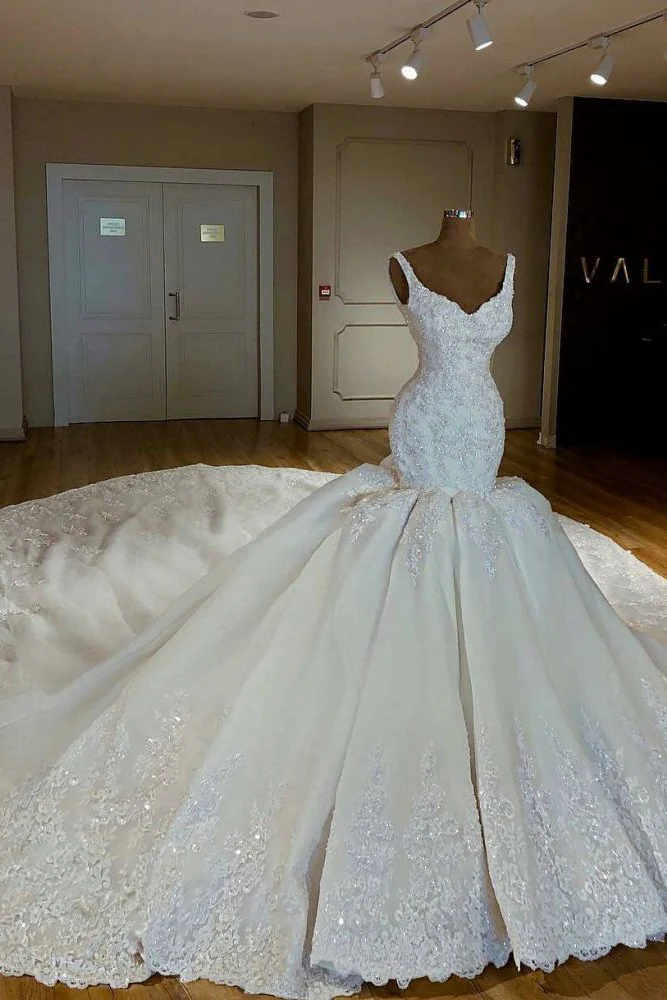 Shiny Mermaid Beading Lace Straps Applique Wedding Dresses - Image 2