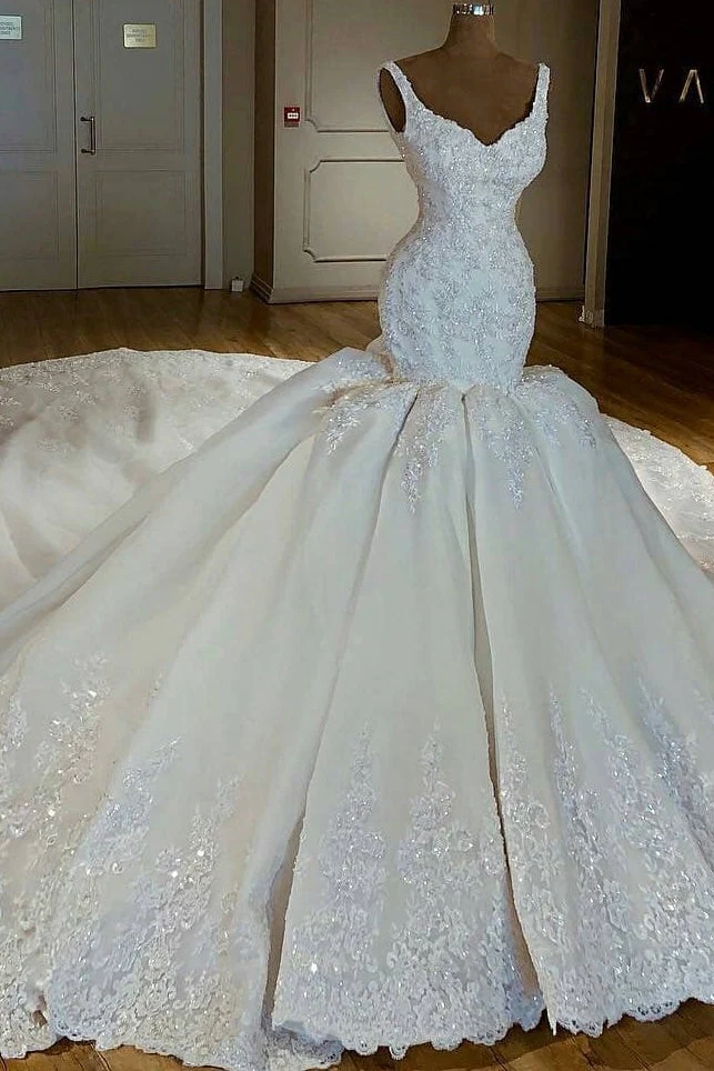 Shiny Mermaid Beading Lace Straps Applique Wedding Dresses - Image 3