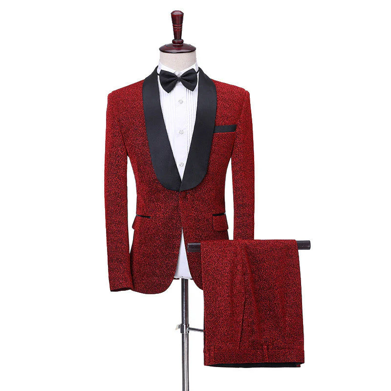 Shiny Red Shawl Lapel One Button Slim Fit Men Suits Online - Image 2