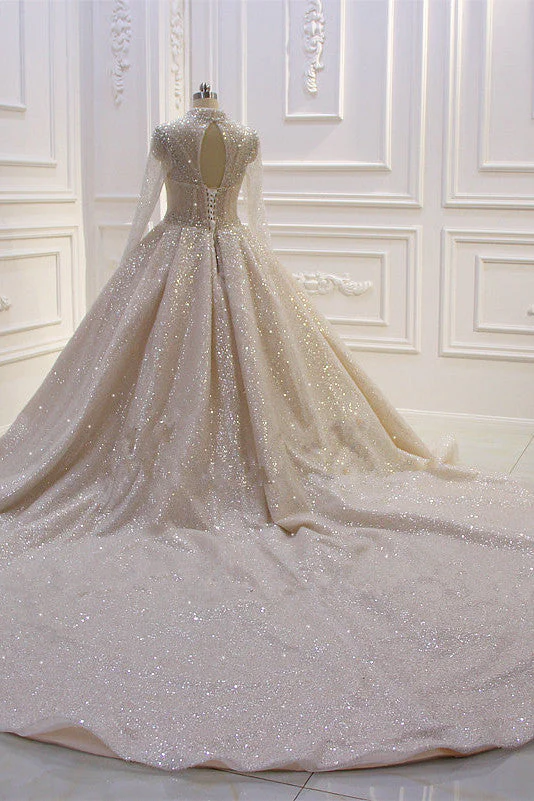 Shiny Sequined Long Sleevess Pleats Champange Wedding Dress - Image 2