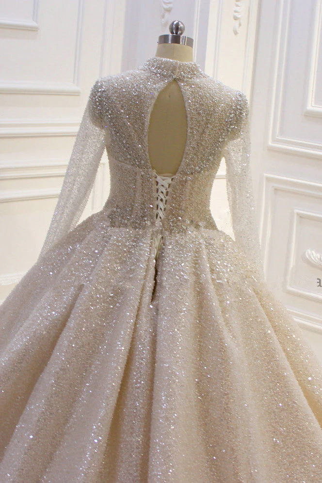 Shiny Sequined Long Sleevess Pleats Champange Wedding Dress - Image 3