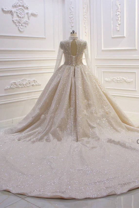 Shiny Sequined Long Sleevess Pleats Champange Wedding Dress - Image 4