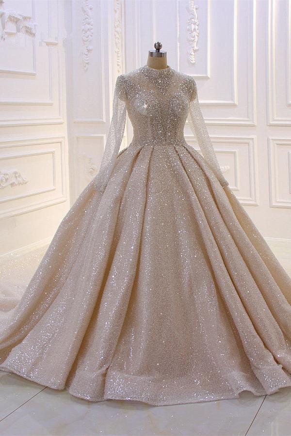 Shiny Sequined Long Sleevess Pleats Champange Wedding Dress - Image 5