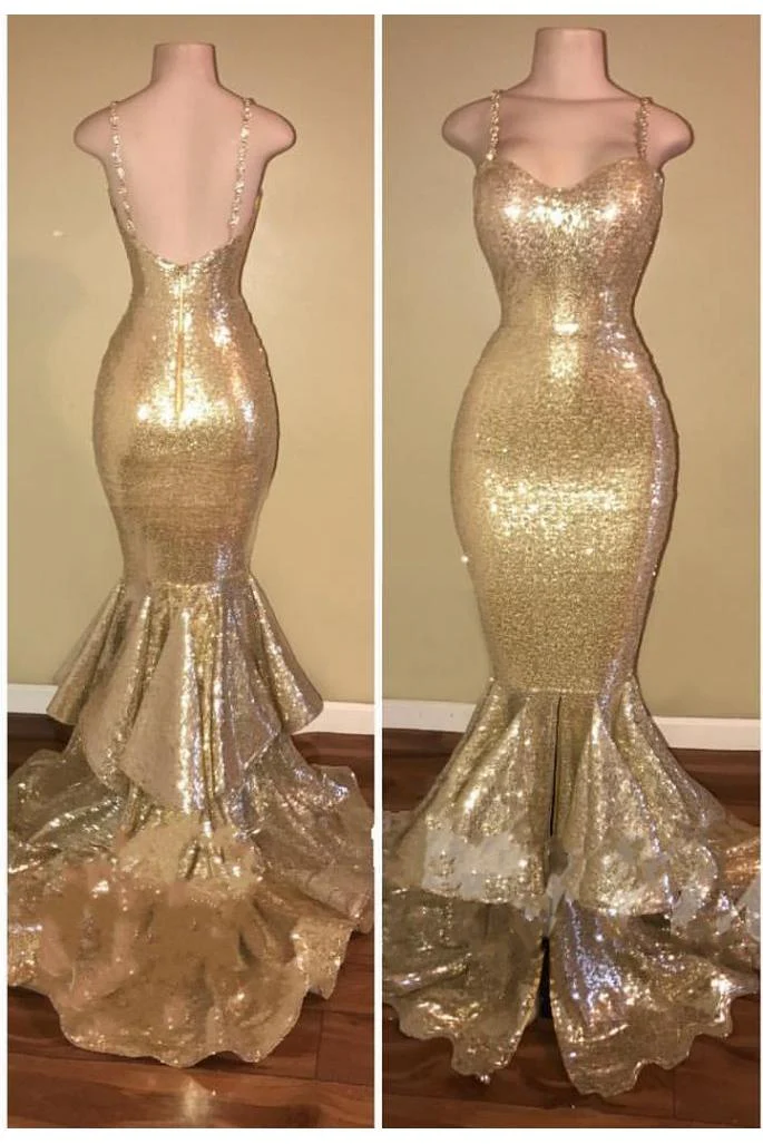 Shiny Sequins Mermaid Spaghettis-Straps Layers-Train Gold Prom Dresses - Image 2