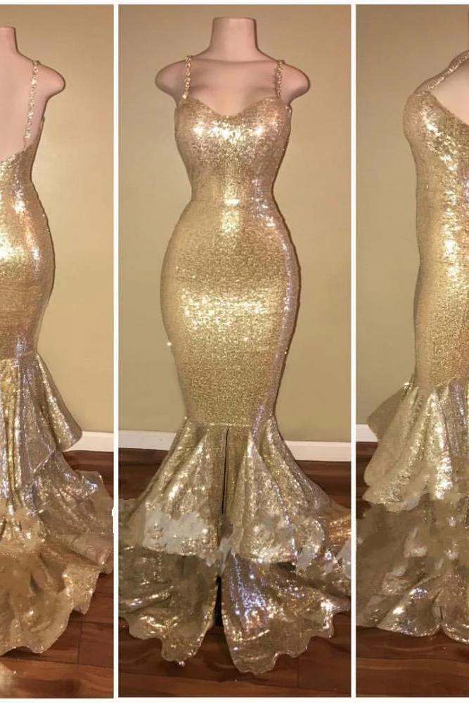 Shiny Sequins Mermaid Spaghettis-Straps Layers-Train Gold Prom Dresses - Image 4