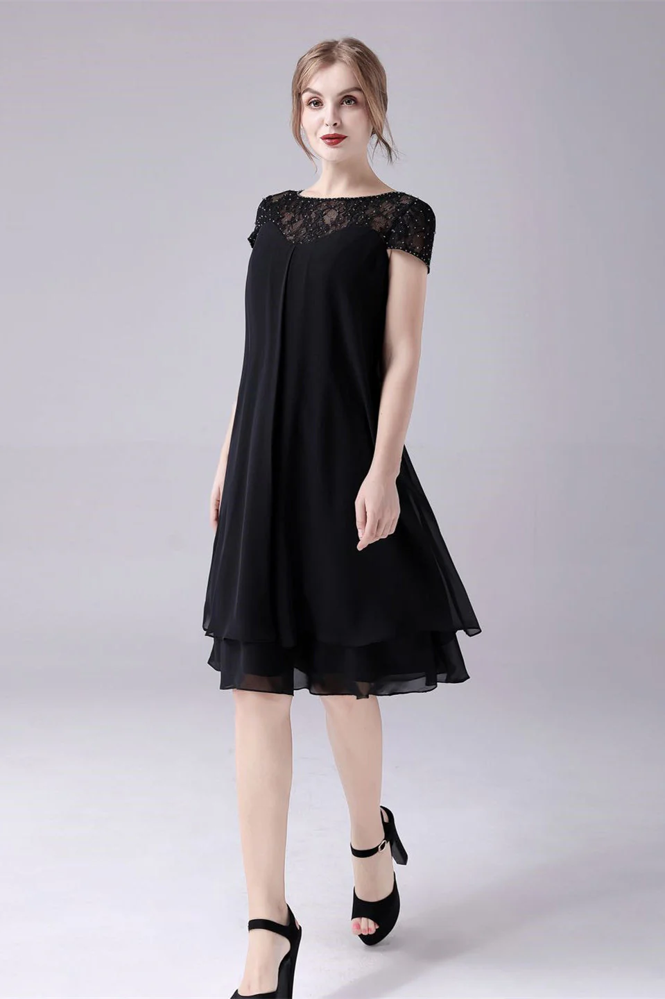 Short sleeves A-line knee-length jewel lace mother's dress - Image 3