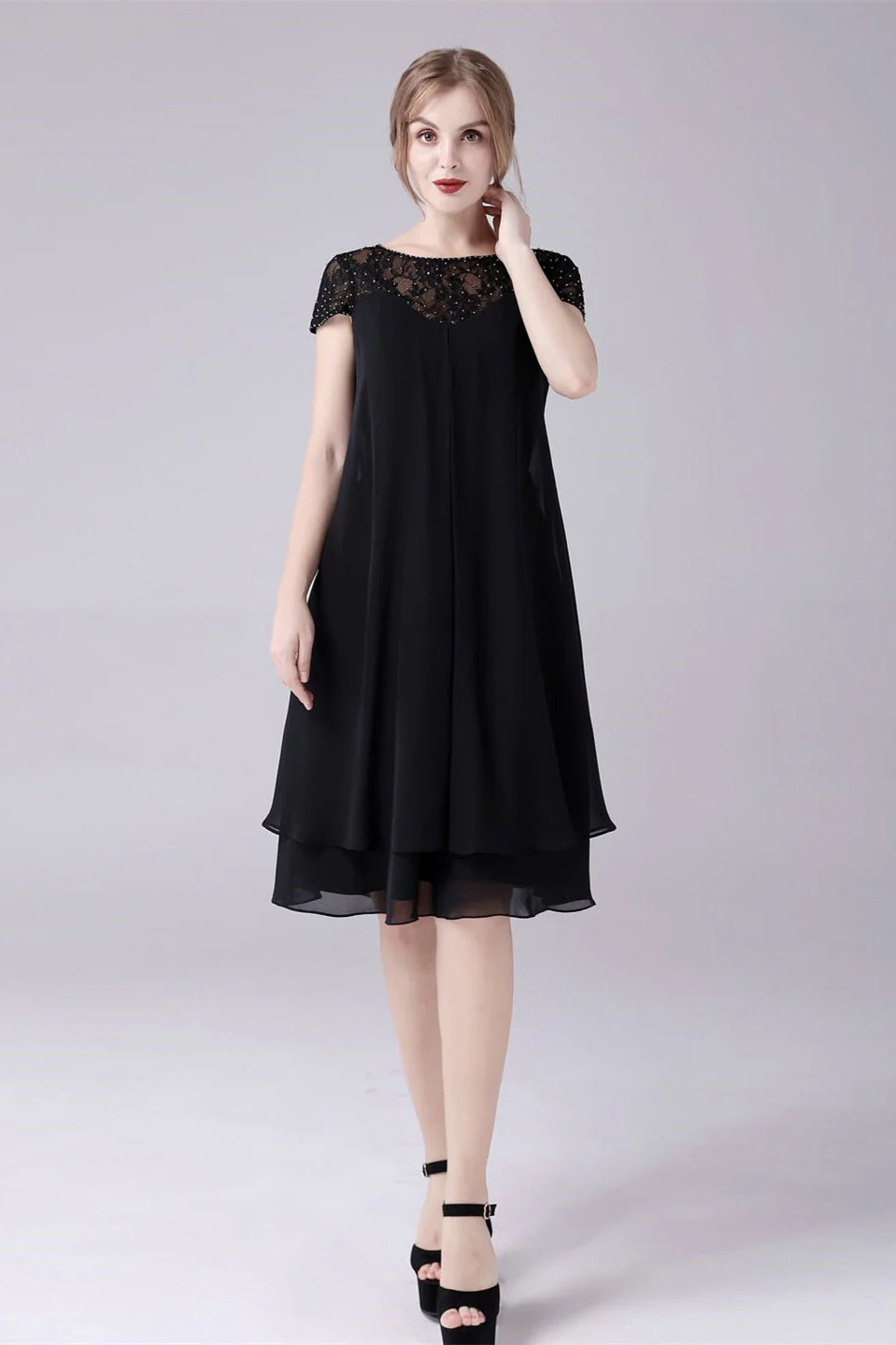 Short sleeves A-line knee-length jewel lace mother's dress - Image 4