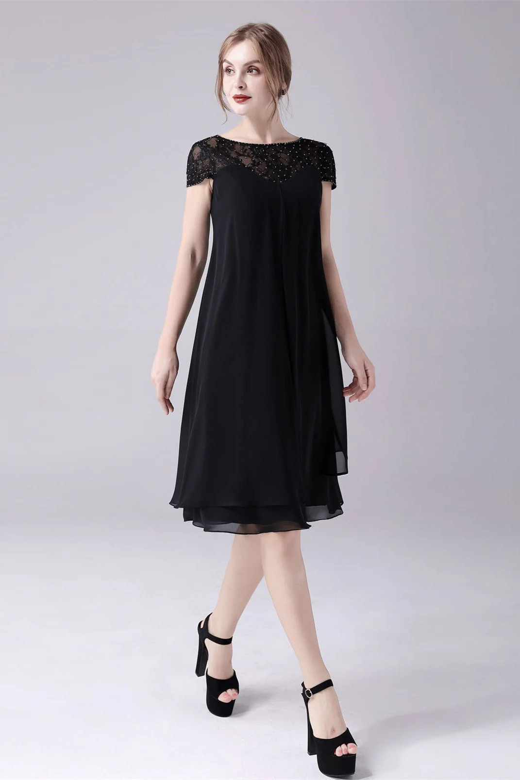 Short sleeves A-line knee-length jewel lace mother's dress - Image 5