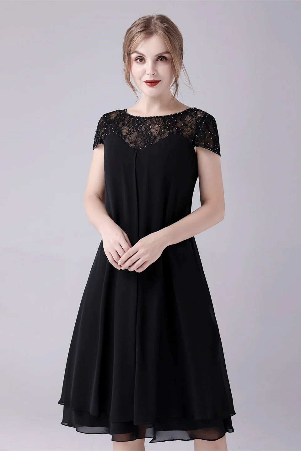 Short sleeves A-line knee-length jewel lace mother's dress - Image 6