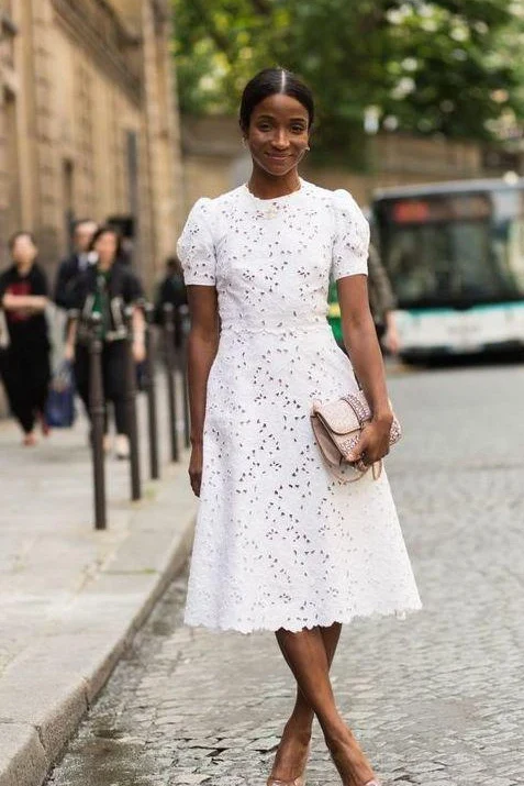 Short sleeves White Knee-length White Homecoming Dress for Sale - Image 2