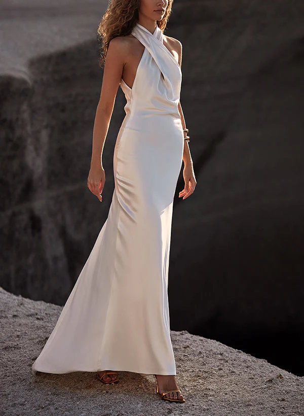 Silk Like Satin Wedding Dresses Sheath Fitted Halter Sleeveless Sweep Train - Image 4