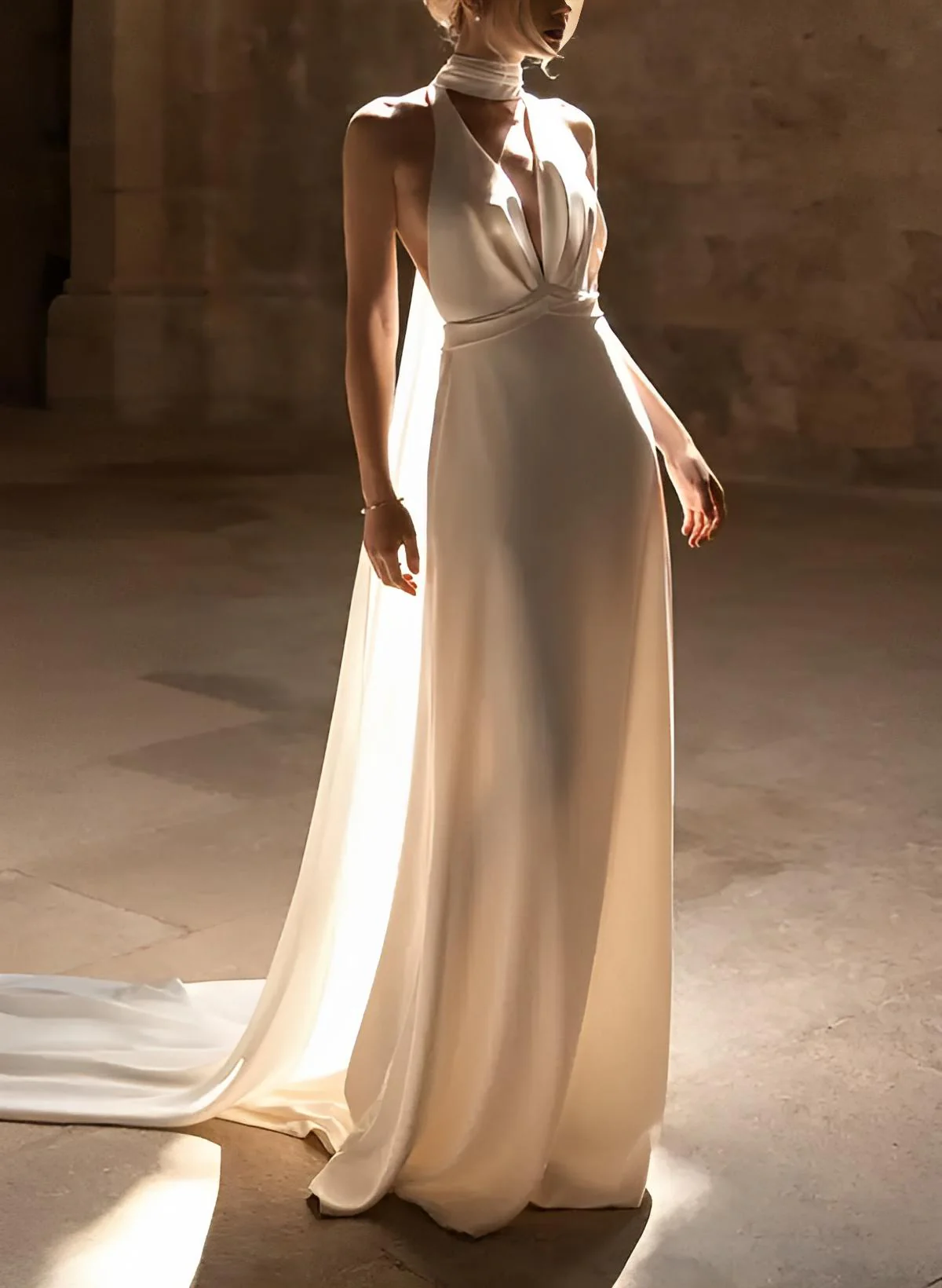 Silk Like Satin Wedding Dresses Summer Beach Boho Garden Halter Sleeveless Sweep Train - Image 2
