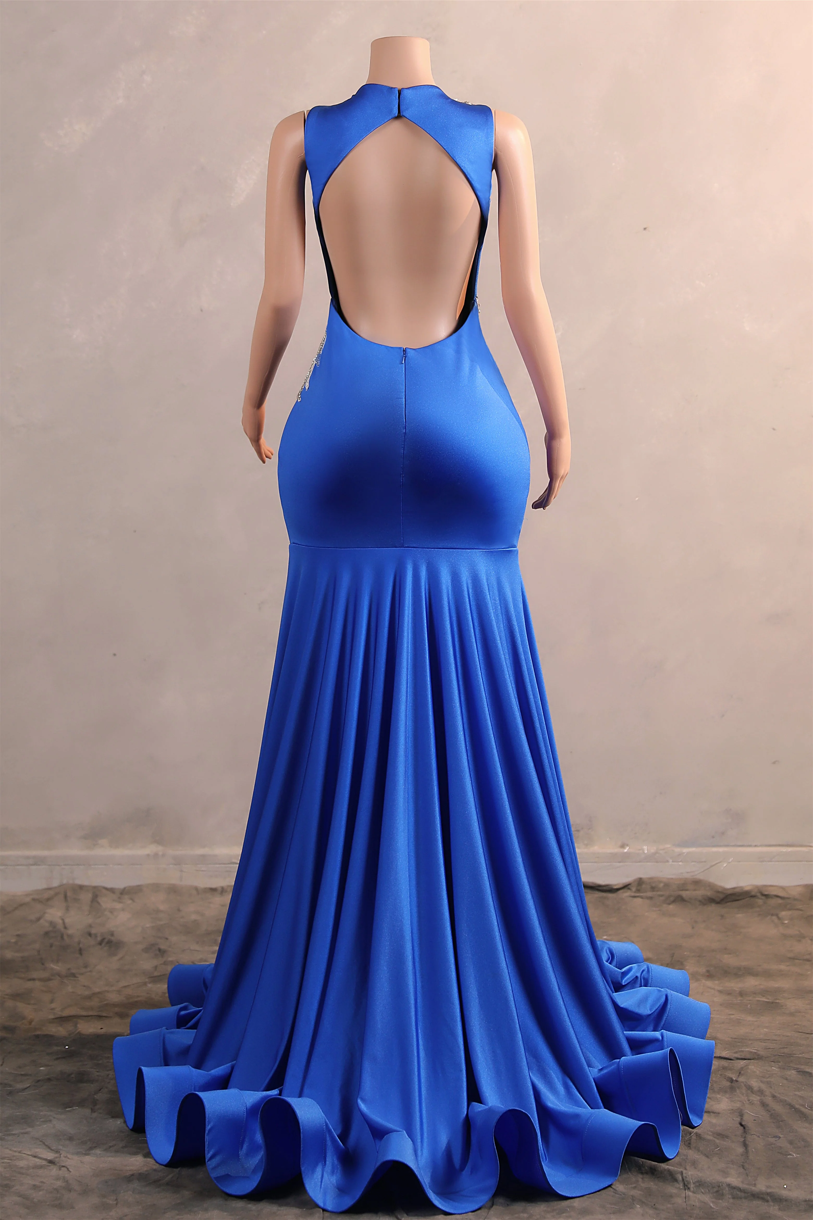 Silver Appliques Blue Satin Mermaid Sleeveless Prom Dresses - Image 2