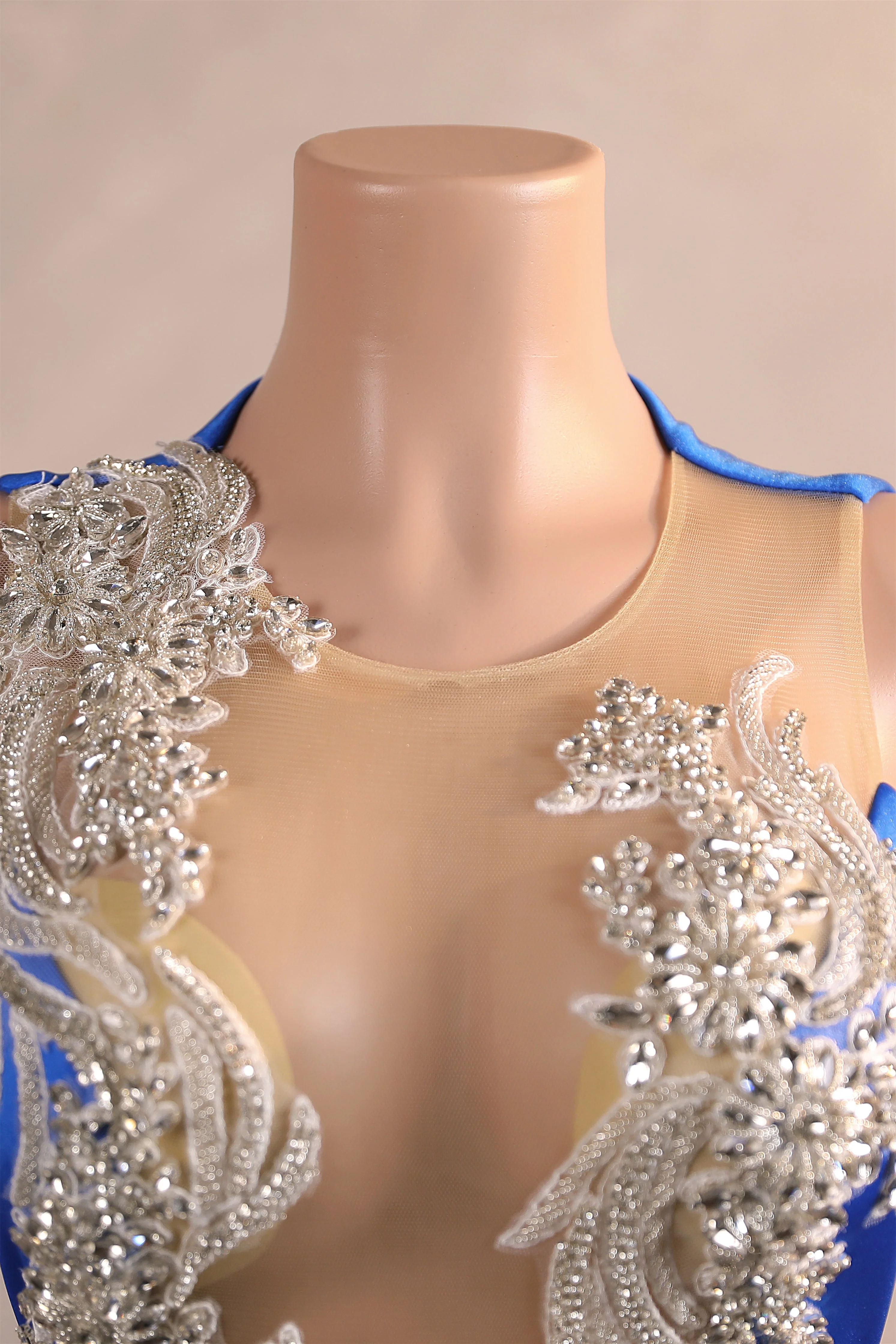 Silver Appliques Blue Satin Mermaid Sleeveless Prom Dresses - Image 4