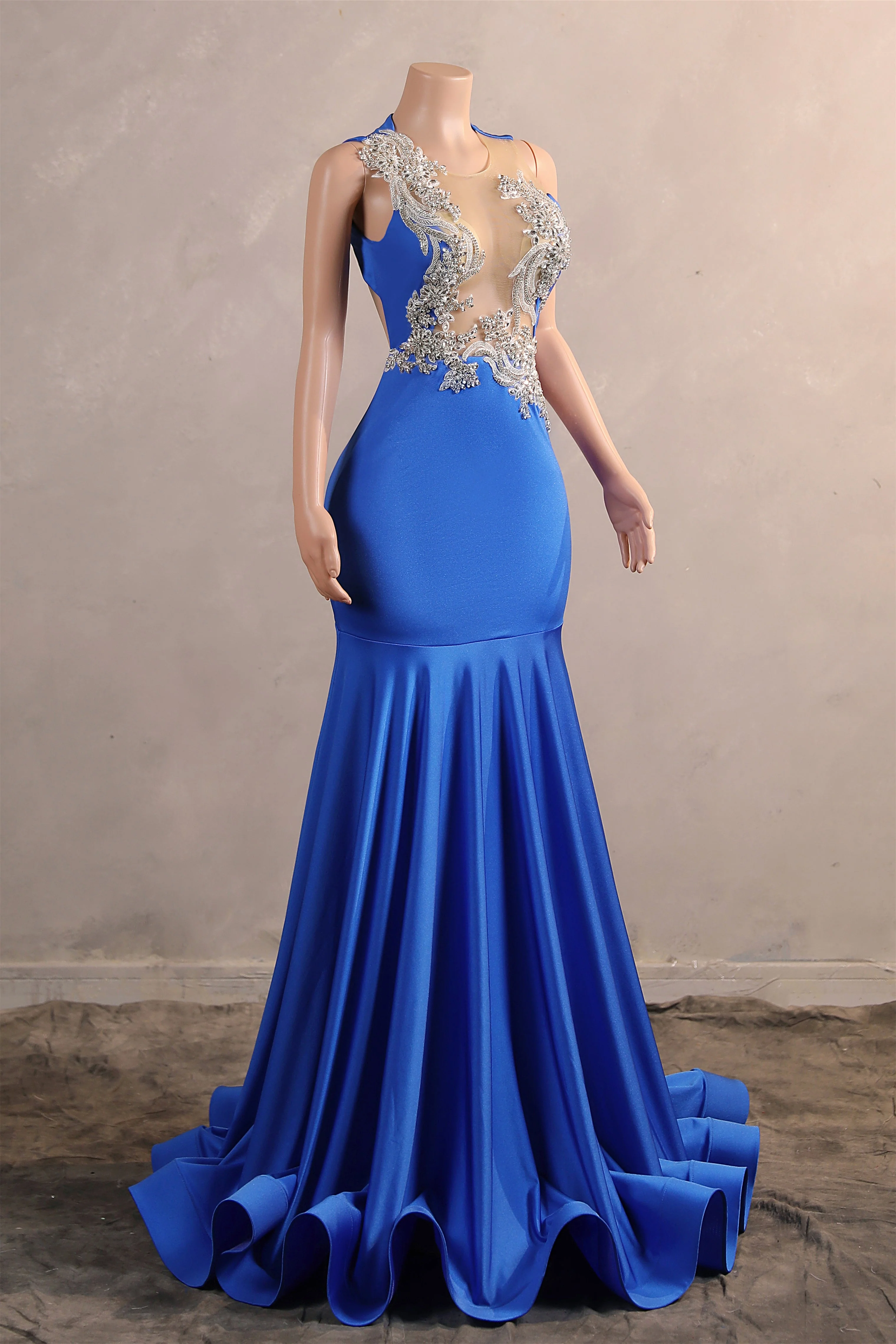 Silver Appliques Blue Satin Mermaid Sleeveless Prom Dresses - Image 5