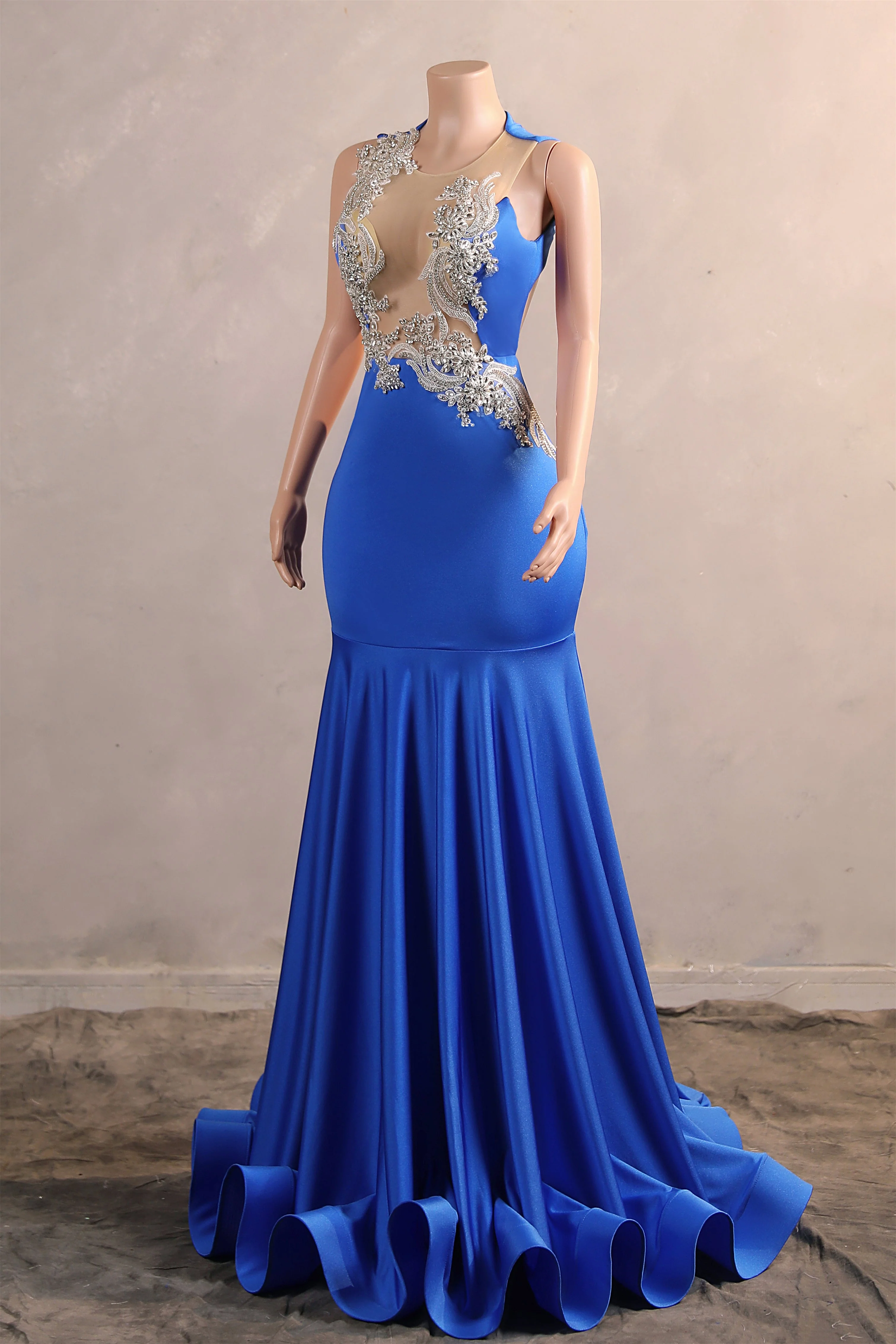 Silver Appliques Blue Satin Mermaid Sleeveless Prom Dresses - Image 6