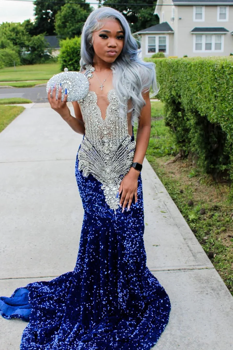 Silver Beaded Royal Blue Court Train Mermaid Sequin Long Prom Dresses - Image 2