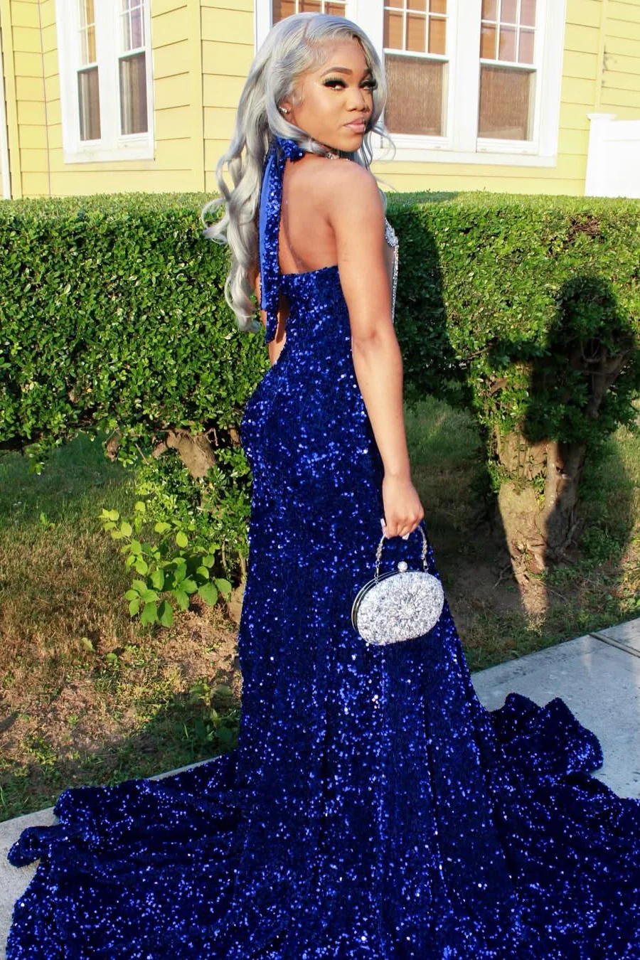 Silver Beaded Royal Blue Court Train Mermaid Sequin Long Prom Dresses - Image 3