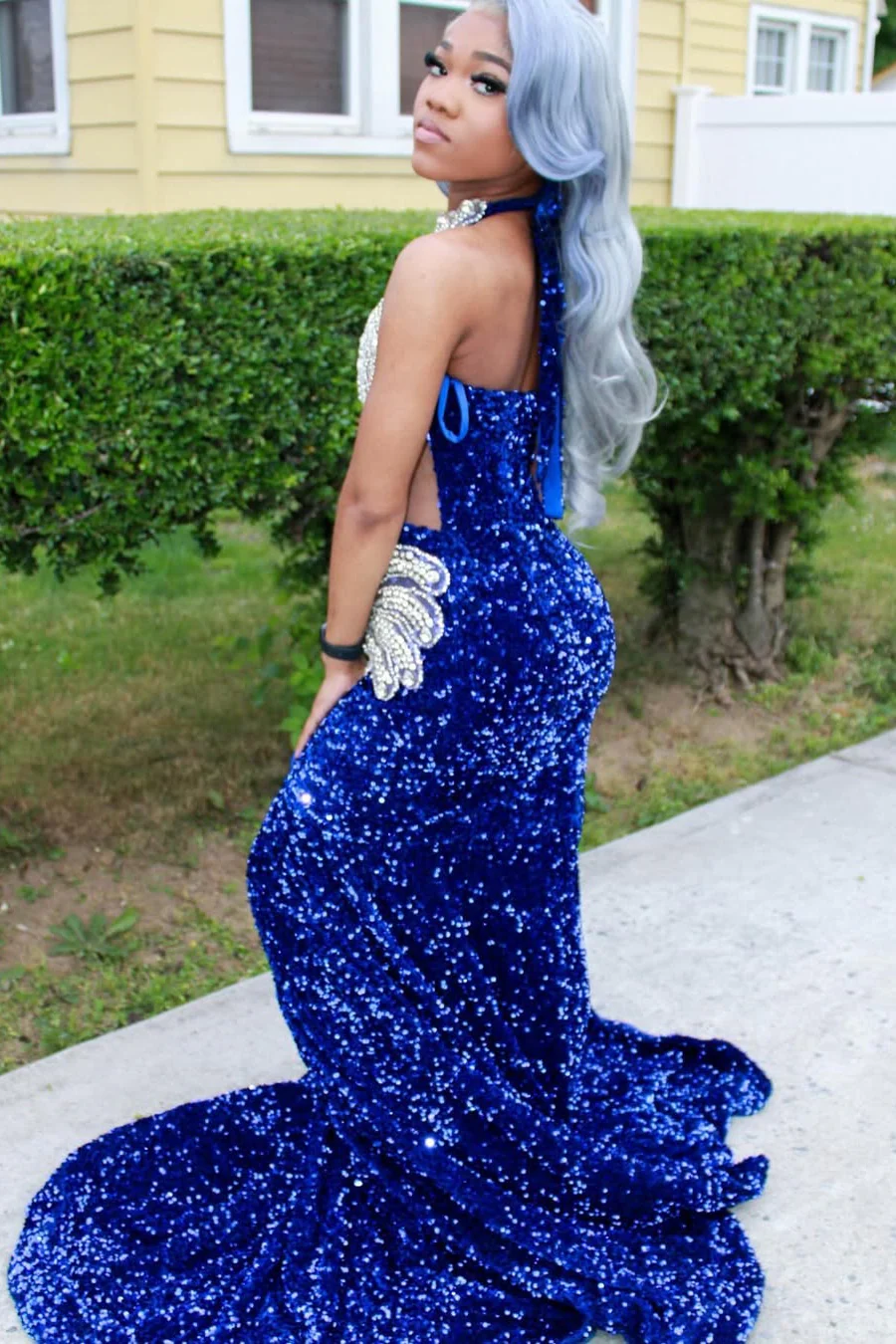 Silver Beaded Royal Blue Court Train Mermaid Sequin Long Prom Dresses - Image 4