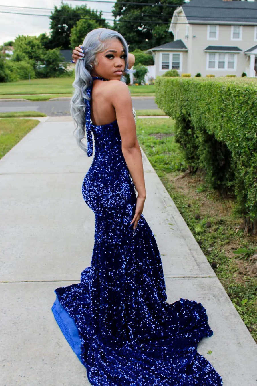Silver Beaded Royal Blue Court Train Mermaid Sequin Long Prom Dresses - Image 5